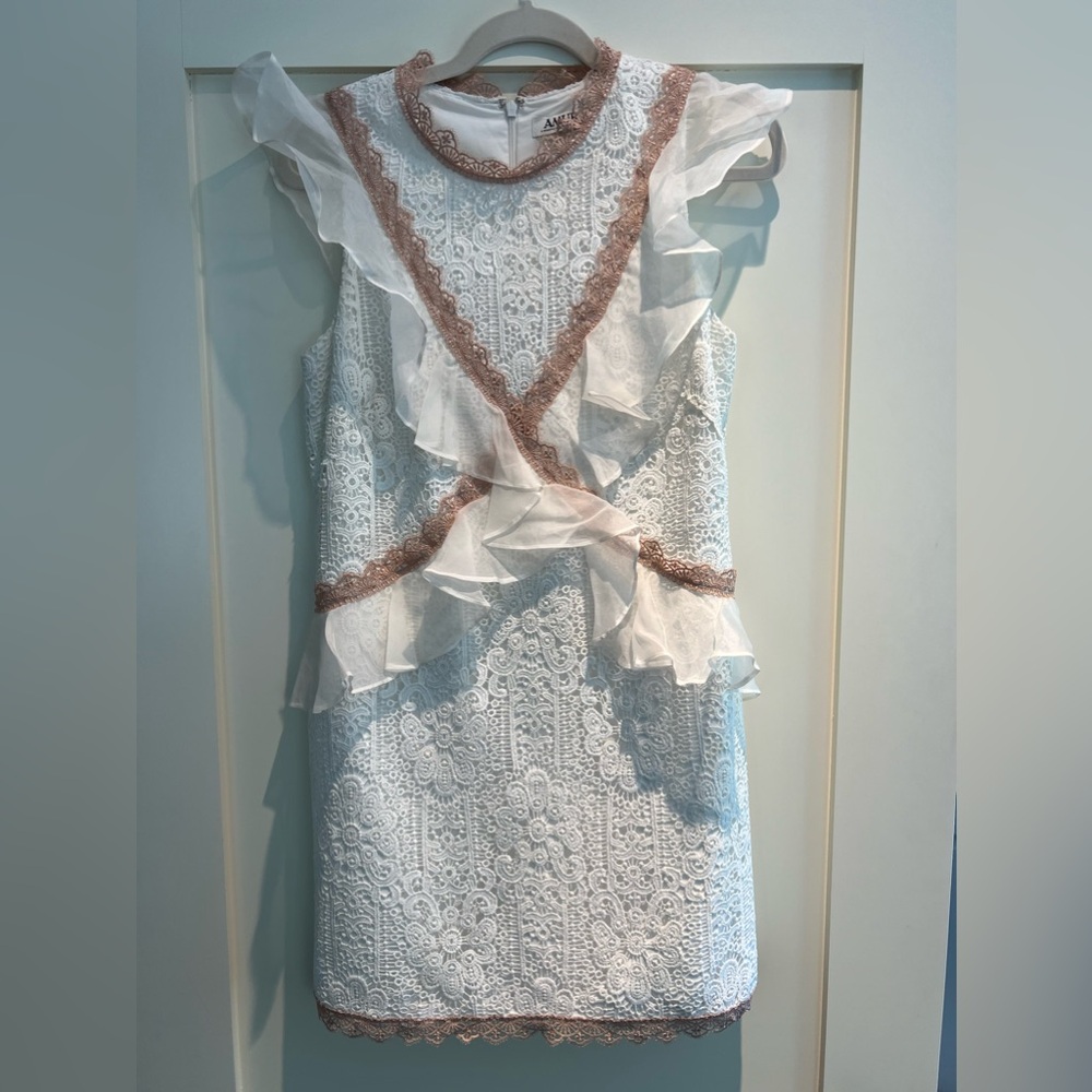 AMUR - white and nude lace dress with chiffon ruffle detail